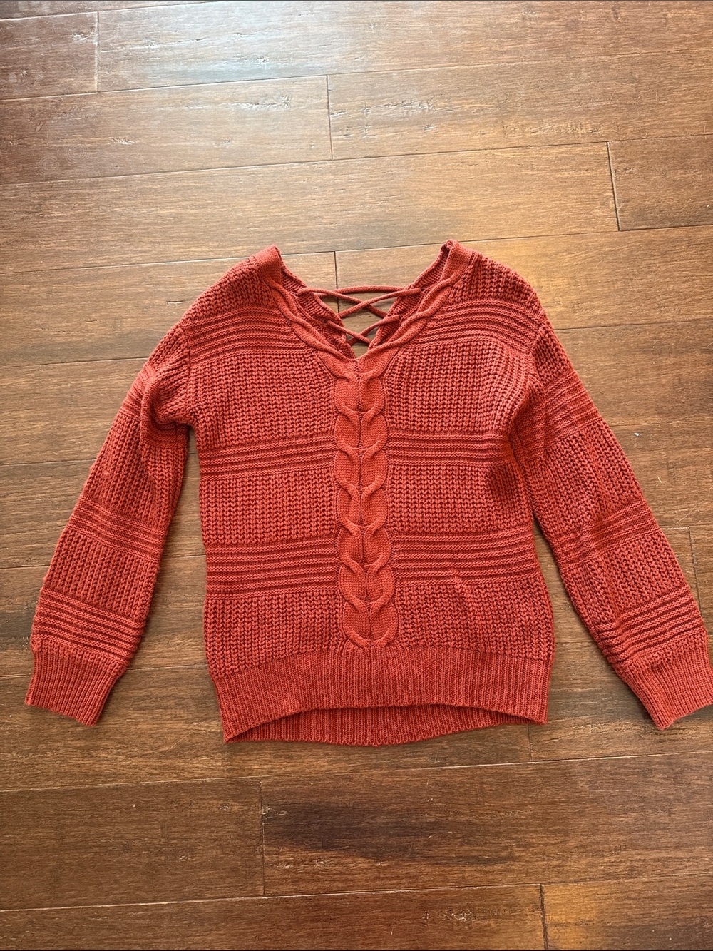 No Boundaries Rust Red Cable Knit V-Neck Sweater with Lace-Up Detail
